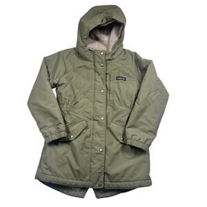 Patagonia Girls' Isthmus Parka Olive Green Size S (7-8) Sherpa Lined Hooded
